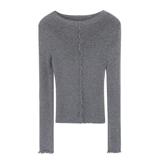 Grauer Strickpullover mit Spitzenbesatz, Damen-Slim-Fit-Langarm-Oberteil elegant und figurformend als Unterzieher