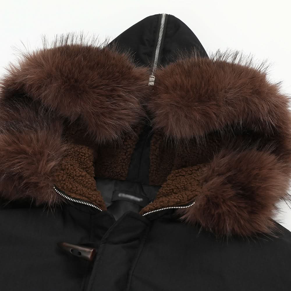 Cow horn buttoned fur collar hooded cotton jacket