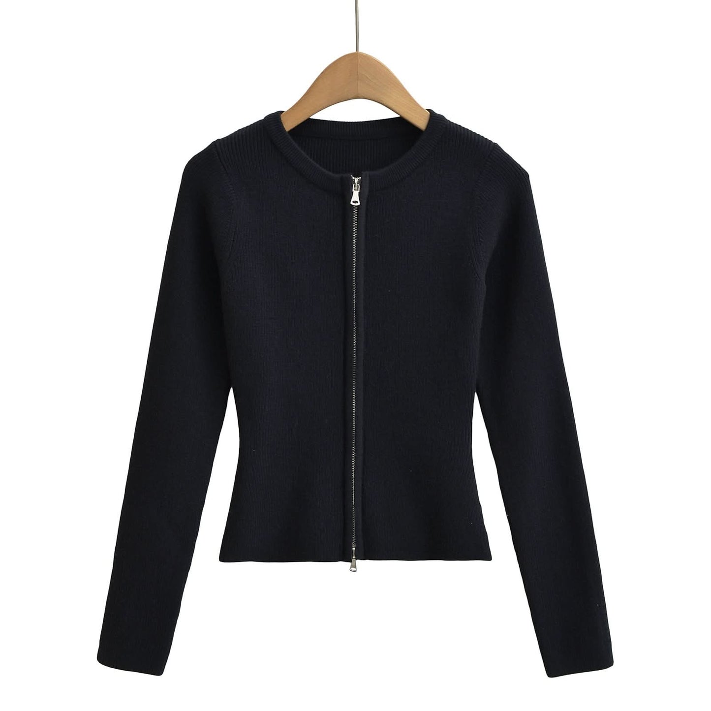 Round neck long sleeved slim fit short cardigan sweater