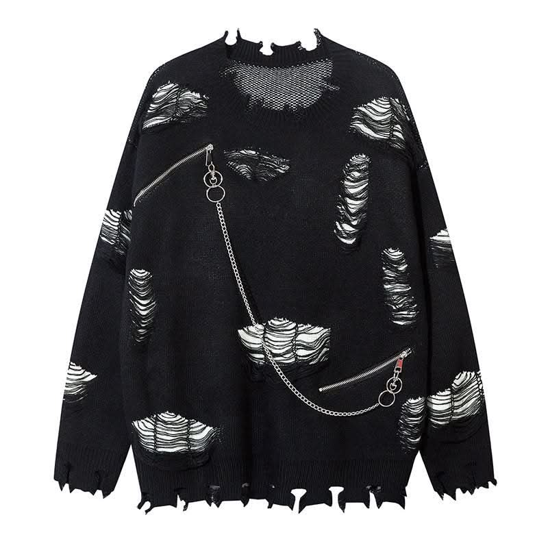 Knitted Sweater with Ripped Chain Splicing  Casual Couple's Loose Sweater