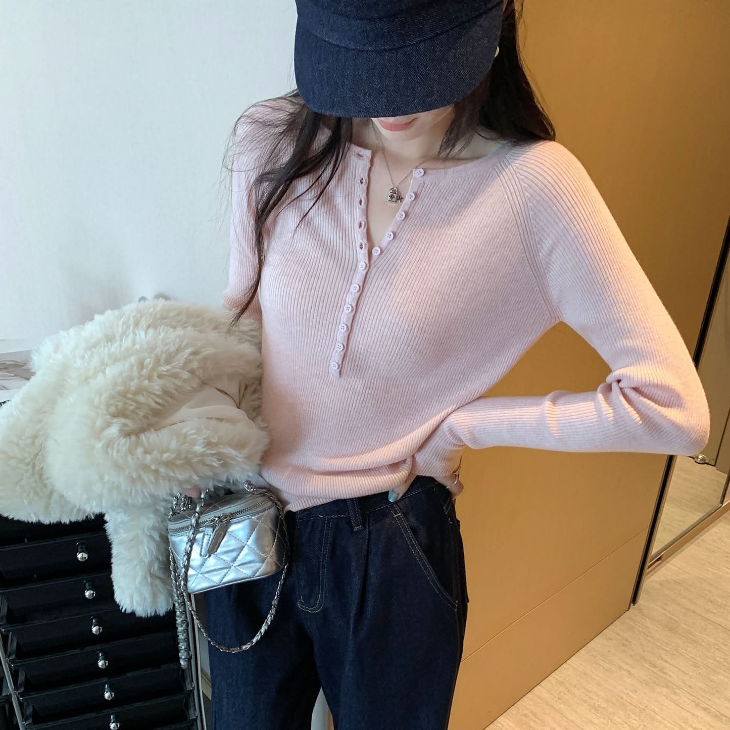 Henley Neck Pink Knit Top for Women,Slim Fit, Elegant Innerwear Shirt