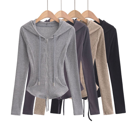 Taillenschlankes Kapuzen-Cardigan-Oberteil