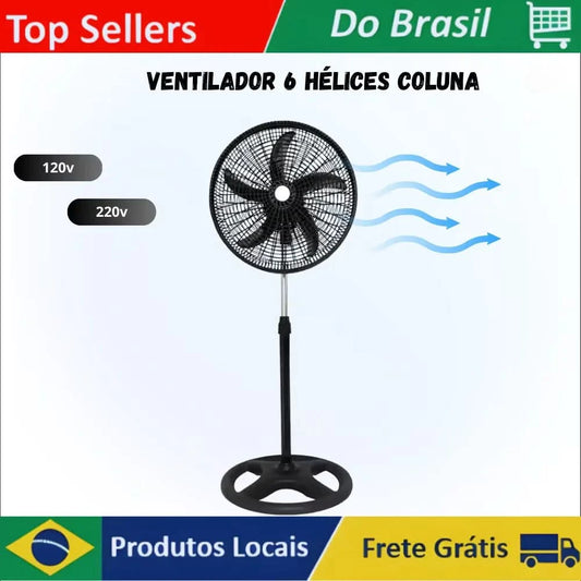 Ventilador de Coluna Pedestal Silencioso 40cm com 6 Hélices - Cores Preto e Branco - 127V/220V