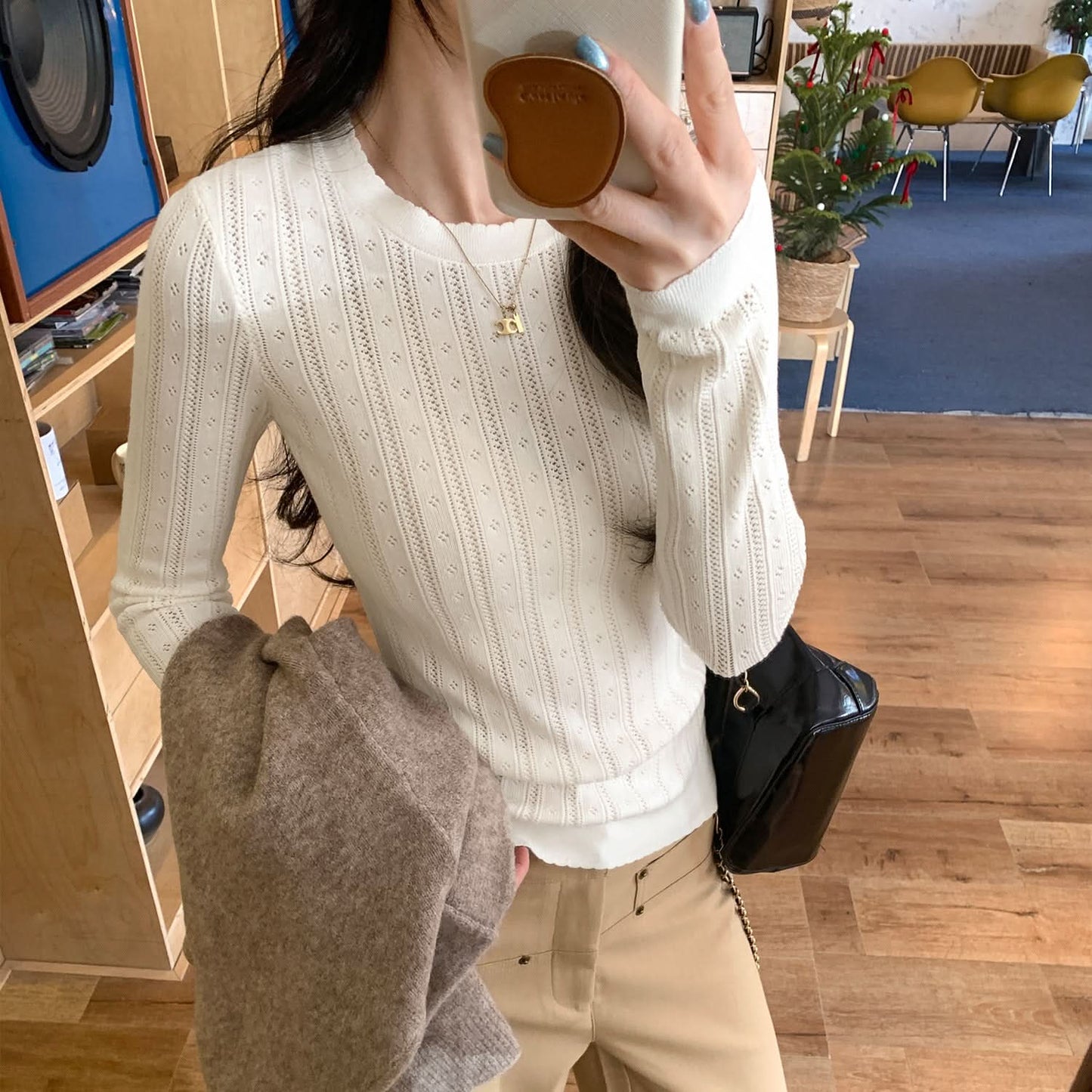Unique Hollow Out Round Neck Slim Fit Knit Top for Women, Elegant and Slimming Innerwear