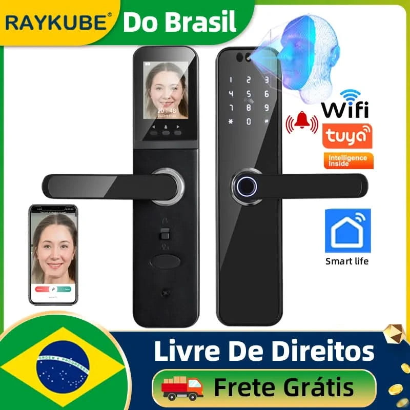 Do Brasil RAYKUBE K12 With lithium Rechargeable Batteries Tuya WiFi Camera Electronic Lock 3D Face Fingerprint Smart Door Lock