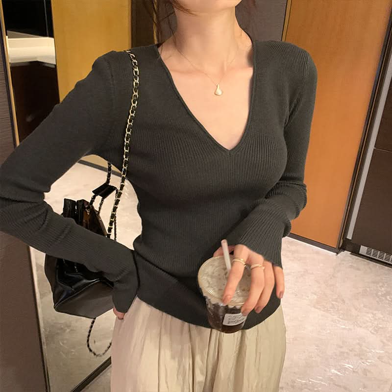 V-Neck Lazy Style Knitted Sweater for Women,Soft Long Sleeve Top, Inner Layer Basic Shirt