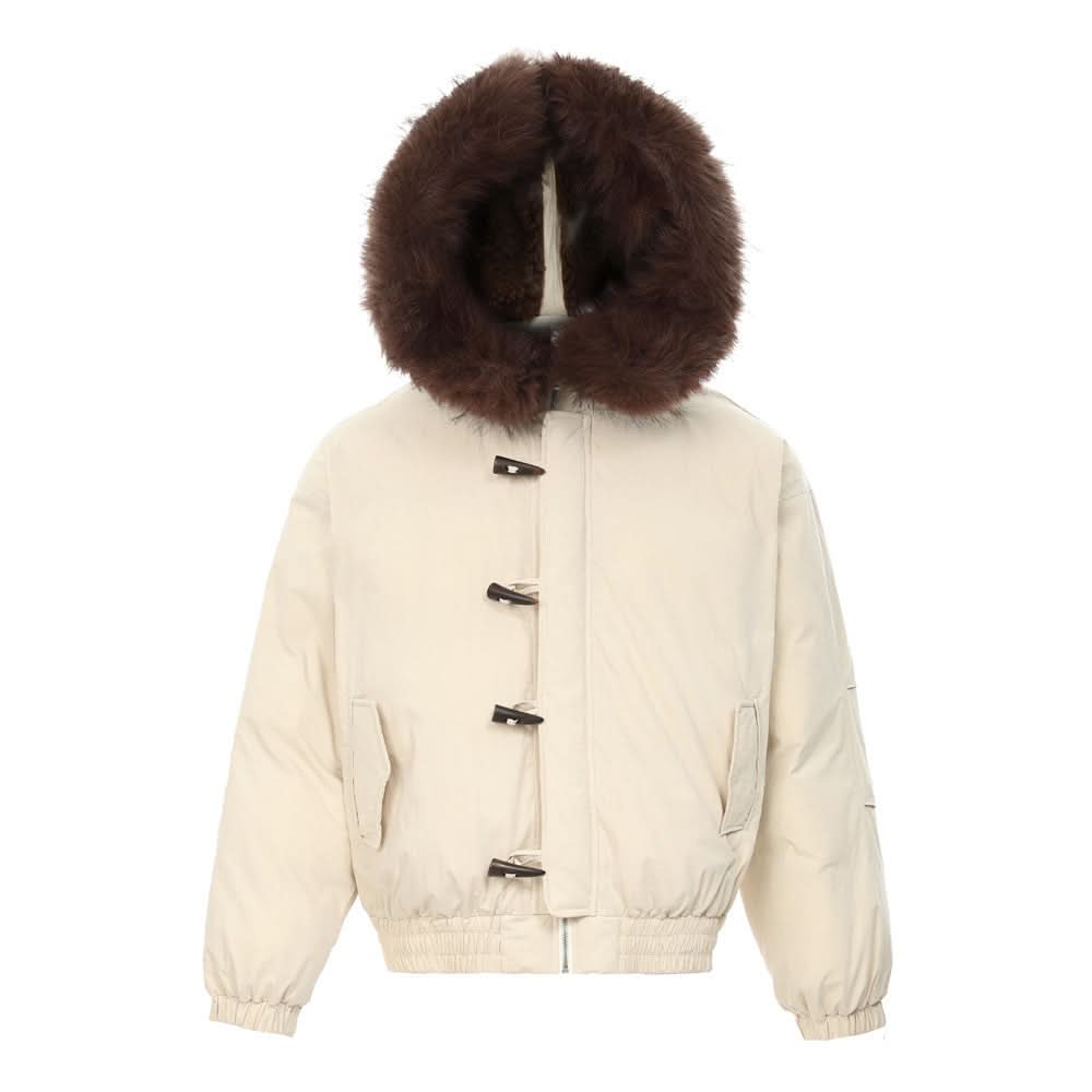 Cow horn buttoned fur collar hooded cotton jacket