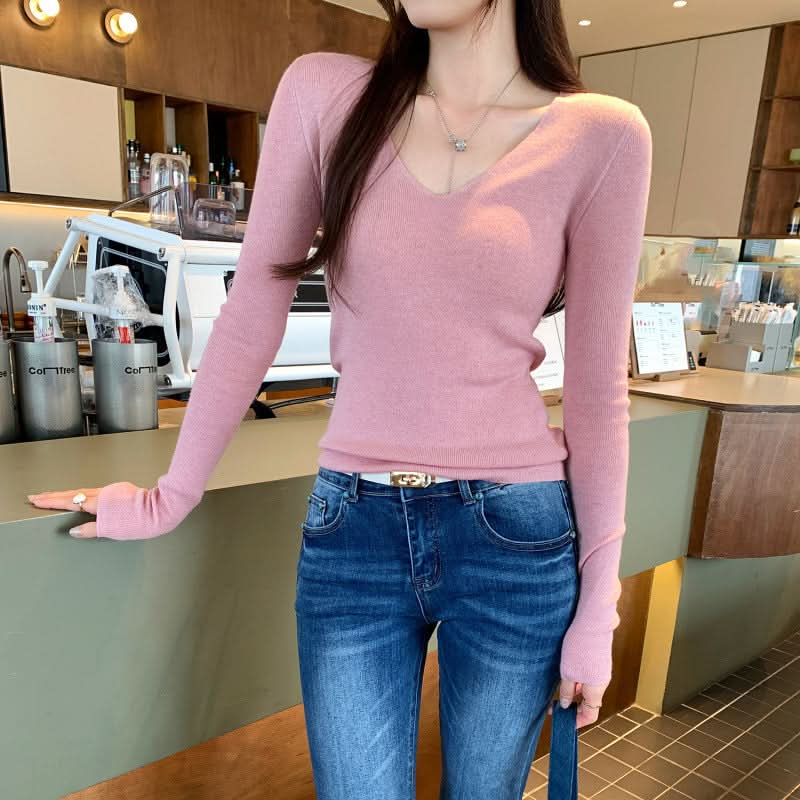 Simple V-Neck Long Sleeve Knit Top for Women, Solid Color, Slim Fit, Elegant Casual Wear