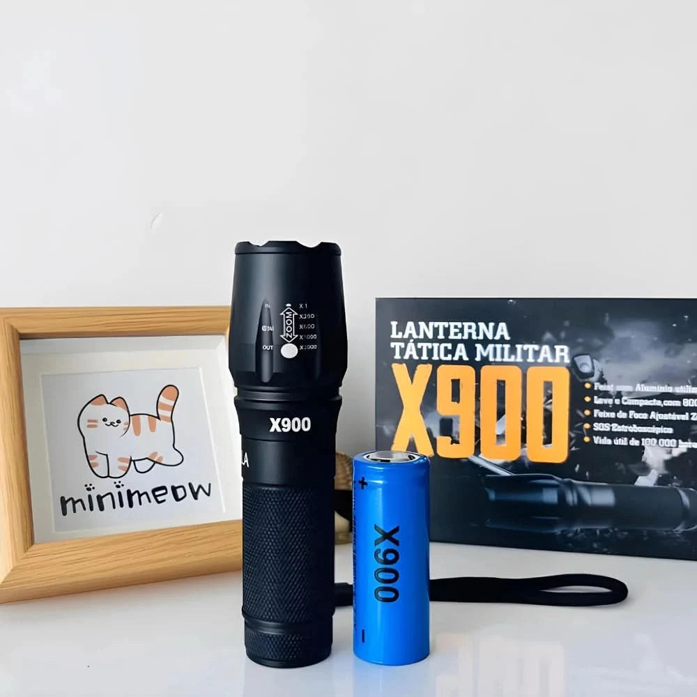 Lanterna X900 Tática Militar com Bateria Recarregável Zoom Longe Alcance Função Strobo