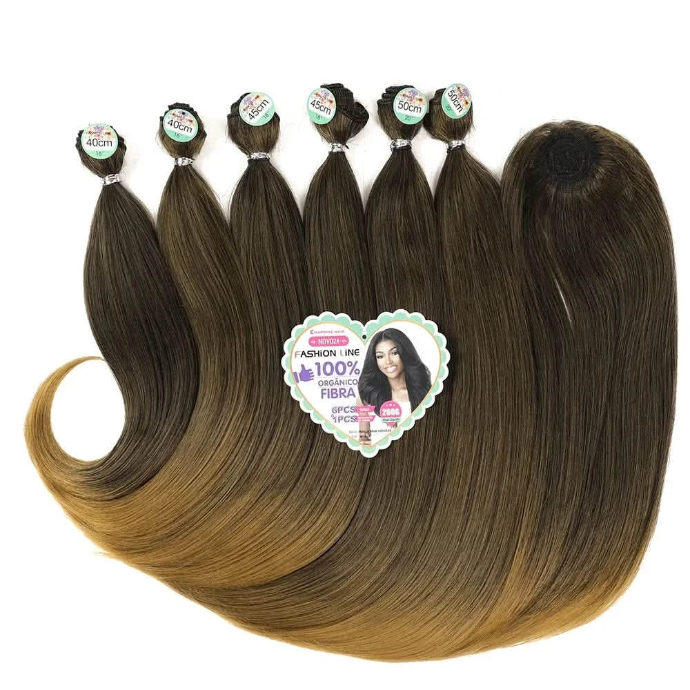 Cabelo Orgânico Curto Liso Feminina Pontas Cacheadas Entrelace Extensões Fibra Química Orgânica 260g 6+1Pas  PERLLA MAX