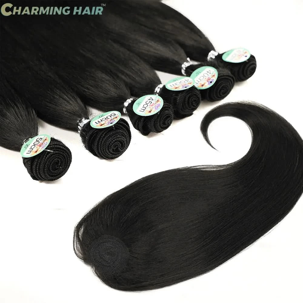 Cabelo Orgânico Curto Liso Feminina Pontas Cacheadas Entrelace Extensões Fibra Química Orgânica 260g 6+1Pas  PERLLA MAX