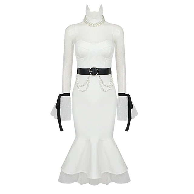 Elegant And Chic White Dress Women Sashed Design High Waist With Belt Midi Dress Vestido Dinner Party Wear