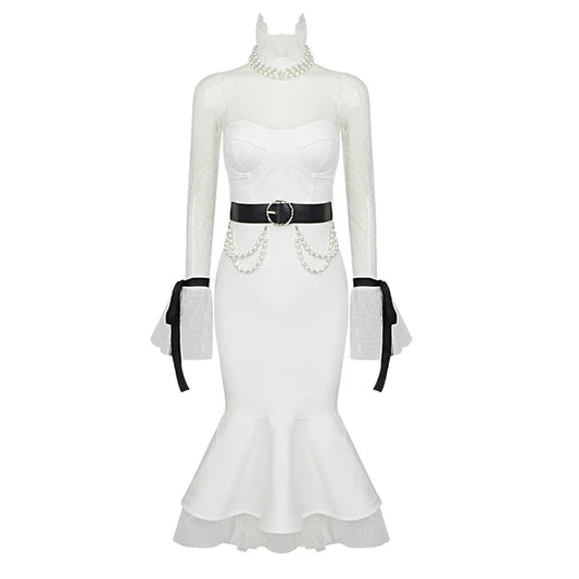 Elegant And Chic White Dress Women Sashed Design High Waist With Belt Midi Dress Vestido Dinner Party Wear