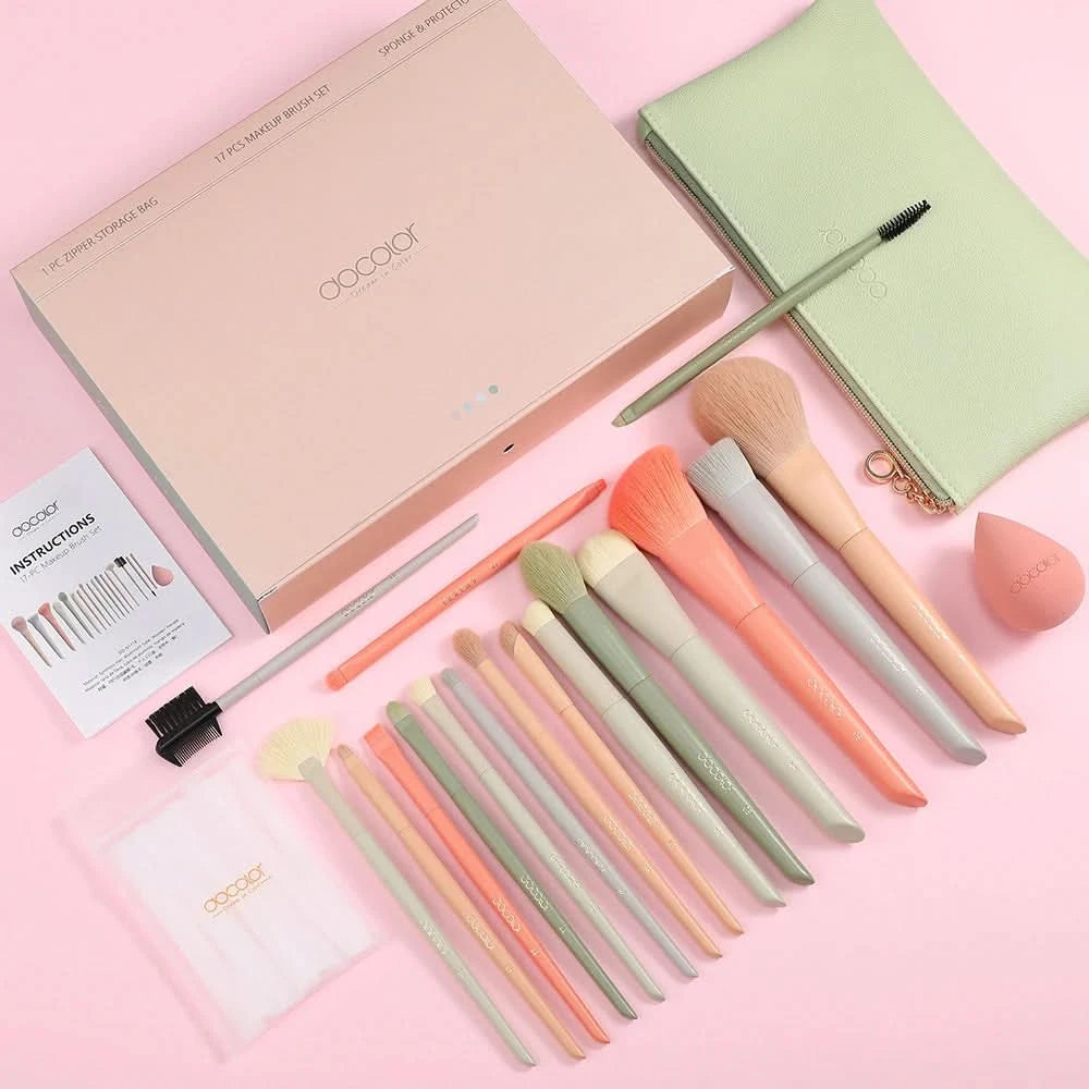 Docolor 17Pcs Makeup Brushes Set Eye Shadow Blush Powder Blending Foundation Cosmetic Brush  With Makeup Sponges And Bag