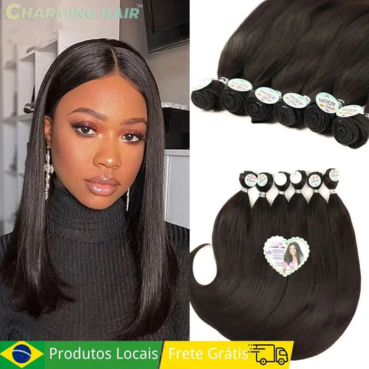 Bio-Kurzhaar glatt Damen Lockige Spitzen Entrelace Extensions Kunstfaser Bio 260g 6+1Pcs PERLLA MAX