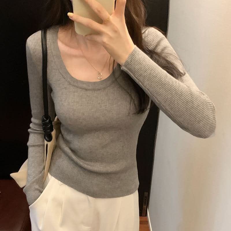 Simple Solid Color Long Sleeve T-Shirt for Women, U-Neck, Regular Shoulder