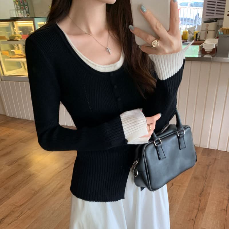 Chic Pink Long Sleeve Knit Sweater for Women, Fitted Slim Fit, Layered Look Top