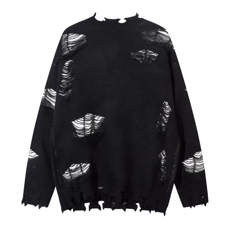 Knitted Sweater with Ripped Chain Splicing  Casual Couple's Loose Sweater