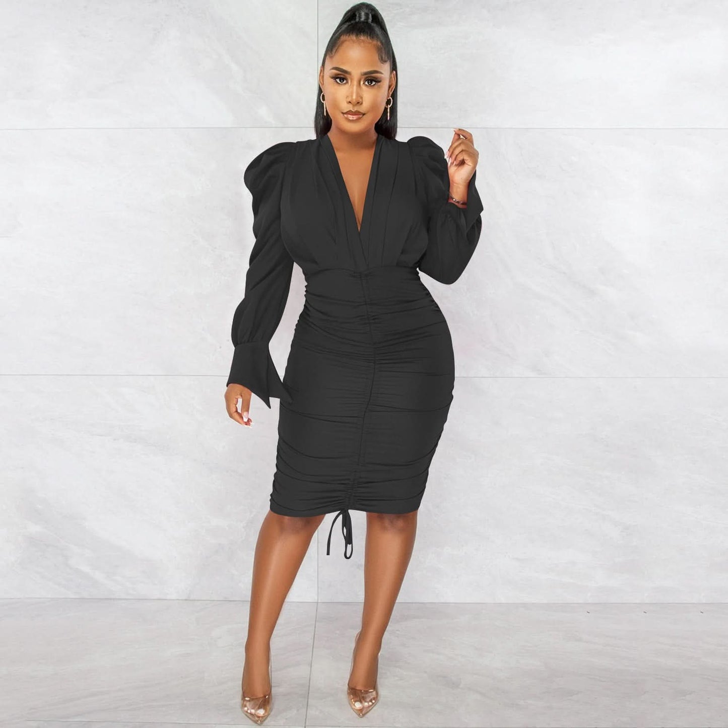 Fashionable Casual Solid Color Long Sleeve Pleated V-Neck Dress for Women