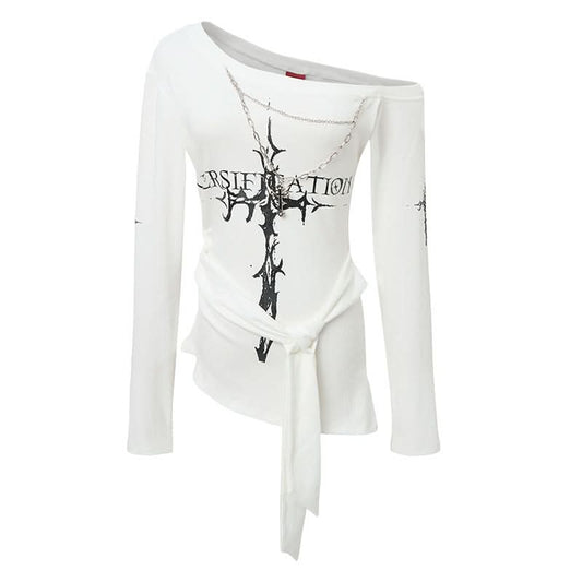 Ausgefallenes, asymmetrisches, schulterfreies, figurbetontes Langarm-T-Shirt
