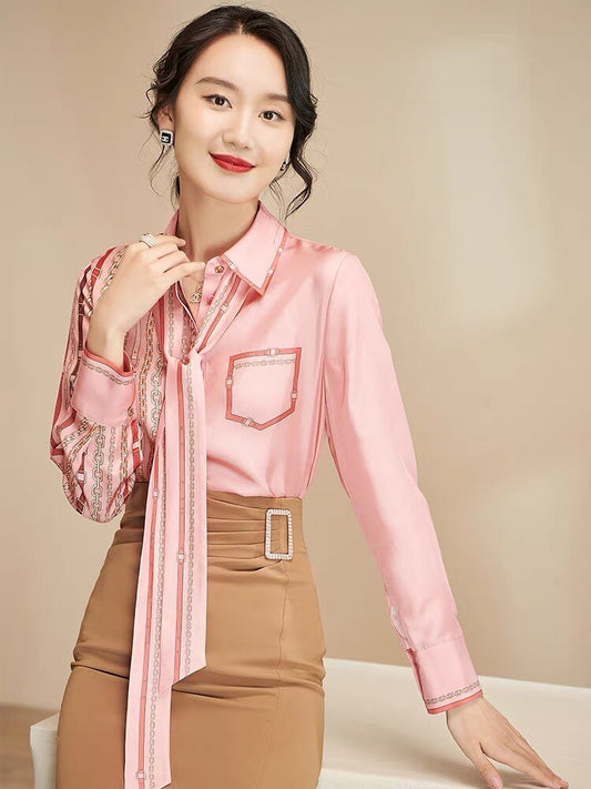 Puff Sleeve Pink Elegant Blouse Women Shirts Bow Chiffon Shirt Autumn Slim Office Blusas Loose Size 3XL