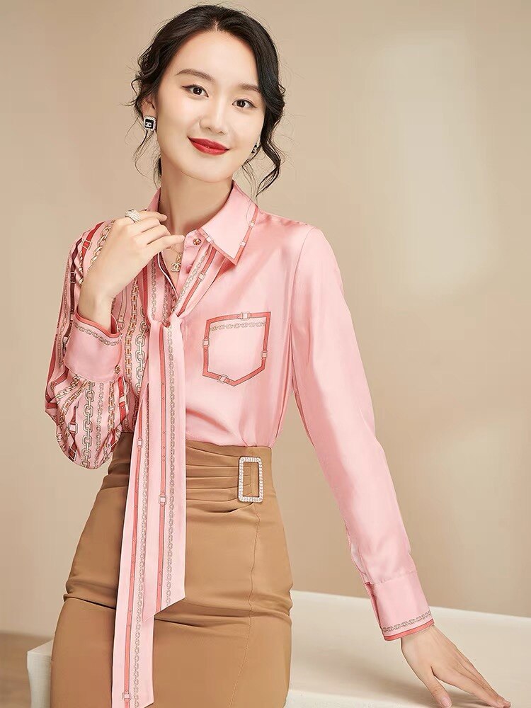 Puff Sleeve Pink Elegant Blouse Women Shirts Bow Chiffon Shirt Autumn Slim Office Blusas Loose Size 3XL