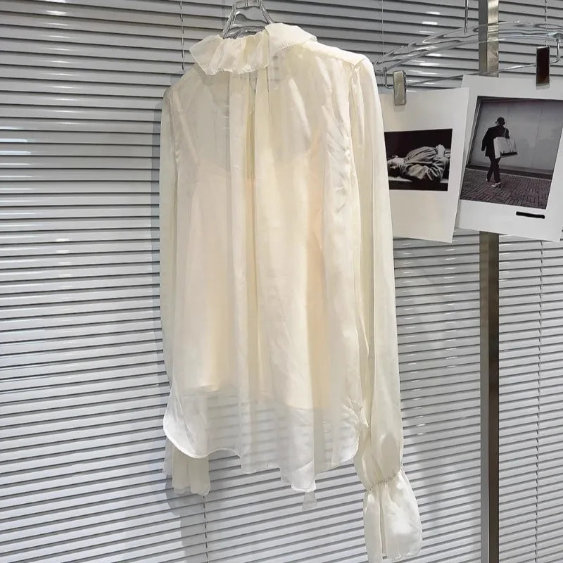 Autumn New Blusas Mujer Three-Dimensional Flower Pleated Lace Elegant Chiffon Blouse Solid Color Shirt For Women's Clothes