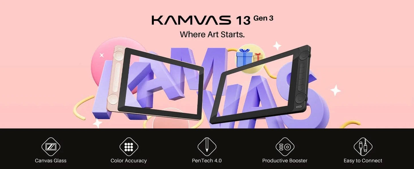 Huion Kamvas 13 Gen 3 Drawing Display 13.3" Art Tablet+Anti-sparkle Canvas Glass, 99% sRGB, PenTech 4.0 16384 Pen Pressure