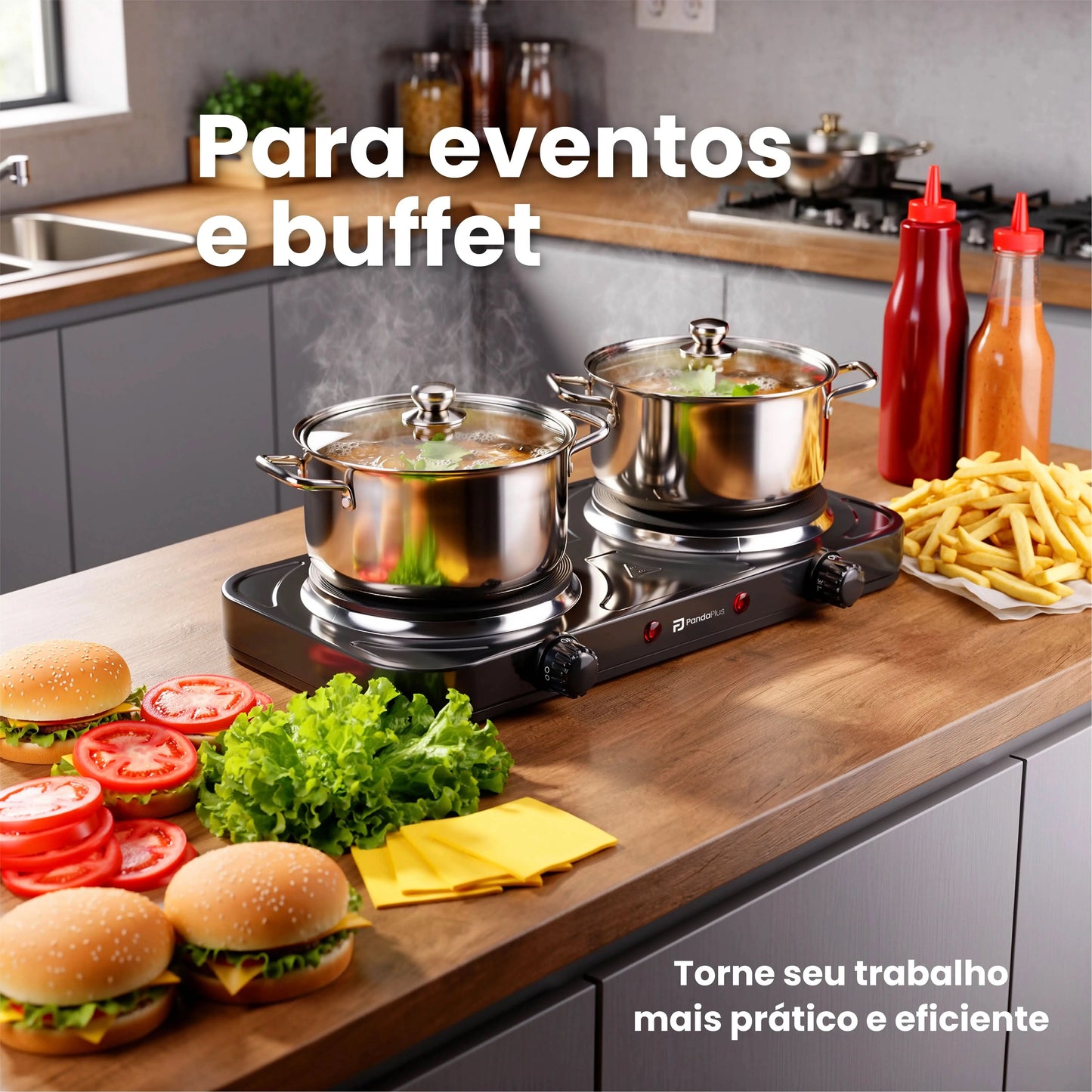 Fogão Elétrico Portátil de 2 Bocas com 2000W de Potência Cada, Design Moderno em Inox, Controles Independentes