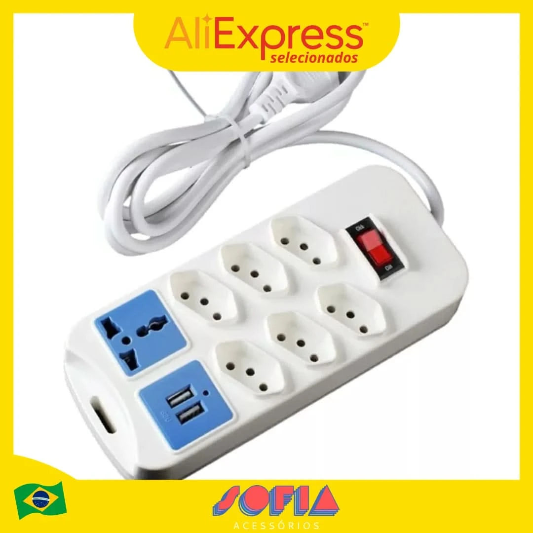 Extension Ruler with 6 Sockets, 2 USB and 1 Universal Socket. 2M Reinforced Cable for Greater Practicality and Safety