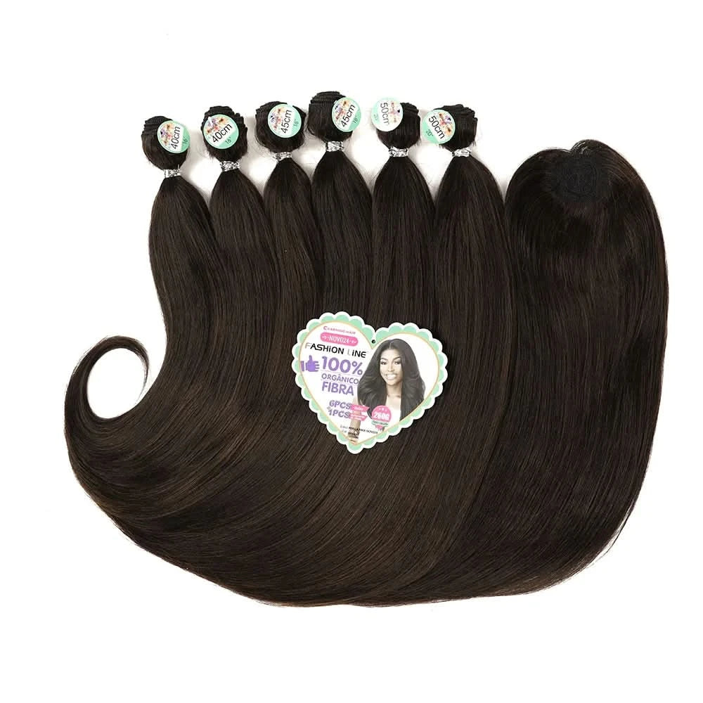 Cabelo Orgânico Curto Liso Feminina Pontas Cacheadas Entrelace Extensões Fibra Química Orgânica 260g 6+1Pas  PERLLA MAX