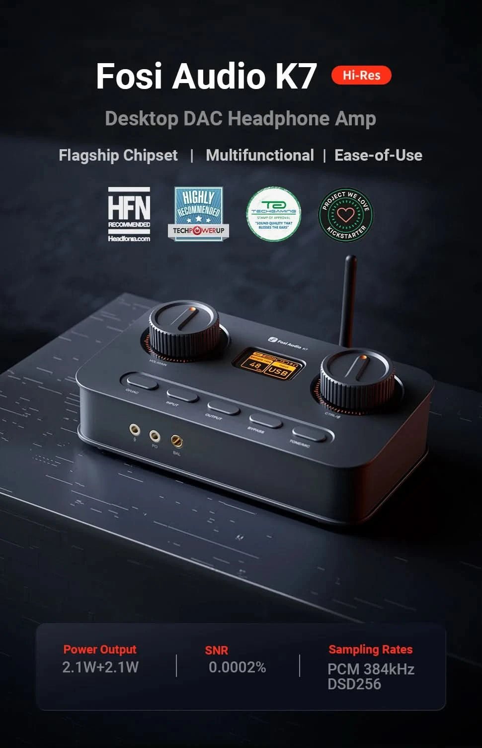 Fosi Audio K7 HiFi DAC & Headphone Amplifier, AKM4493ESQ DAC Chip, PCM 384kHz/32Bit & DSD256, Mic Input USB Audio DAC for Gaming