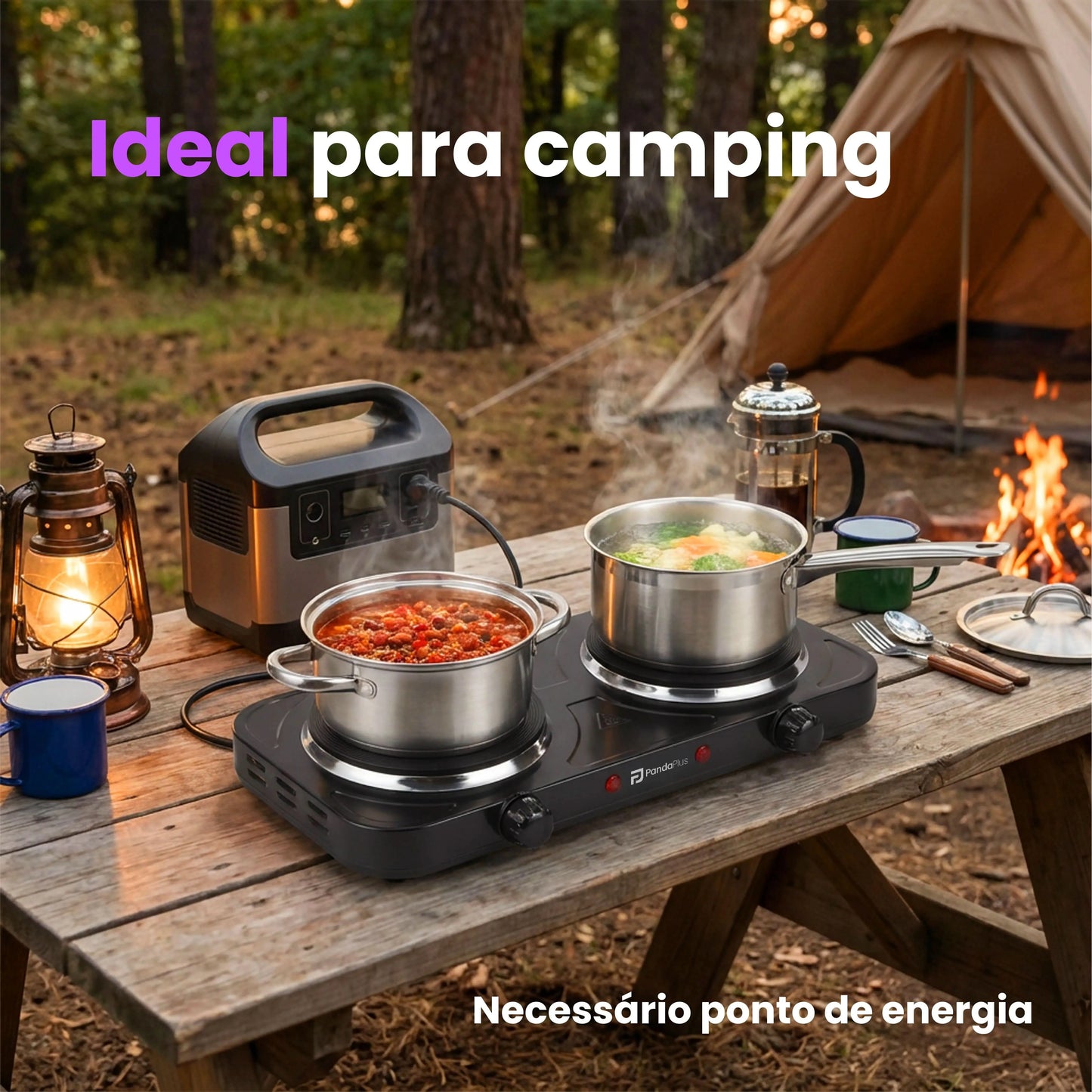 Fogão Elétrico Portátil de 2 Bocas com 2000W de Potência Cada, Design Moderno em Inox, Controles Independentes