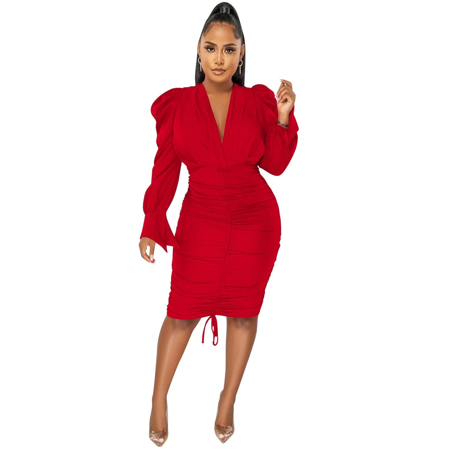 Fashionable Casual Solid Color Long Sleeve Pleated V-Neck Dress for Women
