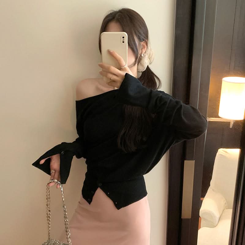 Laid-back Soft Style Off-Shoulder Asymmetrical One-Shoulder Loose Knit Top for Women
