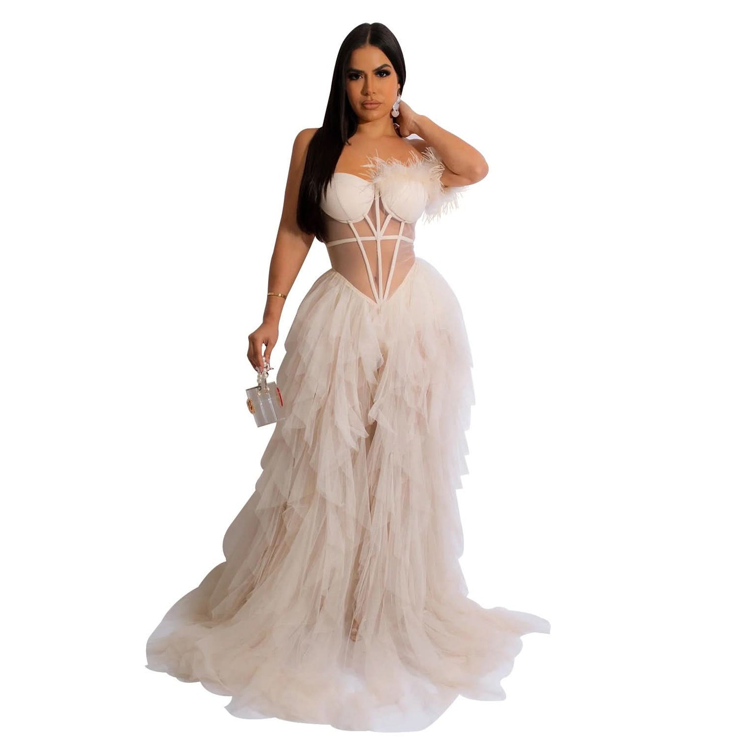 Fashion Women's Solid Color Sleeveless Bustier Mesh Long Dress