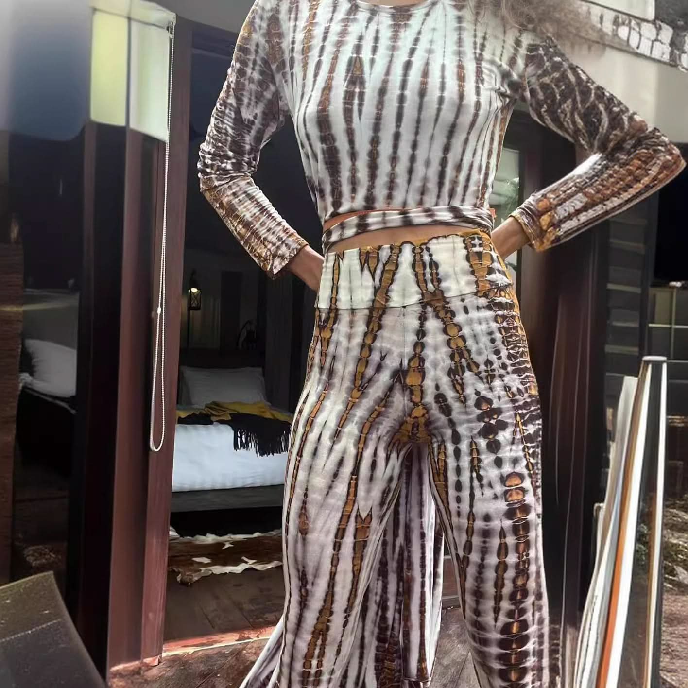 Printed Long Pants with Burnout Pattern, Slim Fit, Fashion Style Long Trousers
