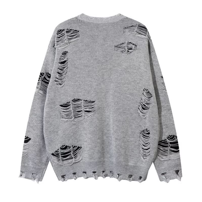 Knitted Sweater with Ripped Chain Splicing  Casual Couple's Loose Sweater