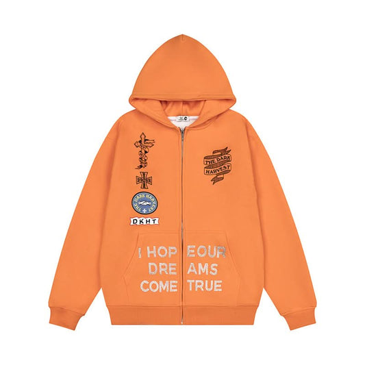 Bestickter Kapuzenpullover mit Reißverschluss Unisex Locker Vielseitige Fleece-gefütterte Jacke Trendig