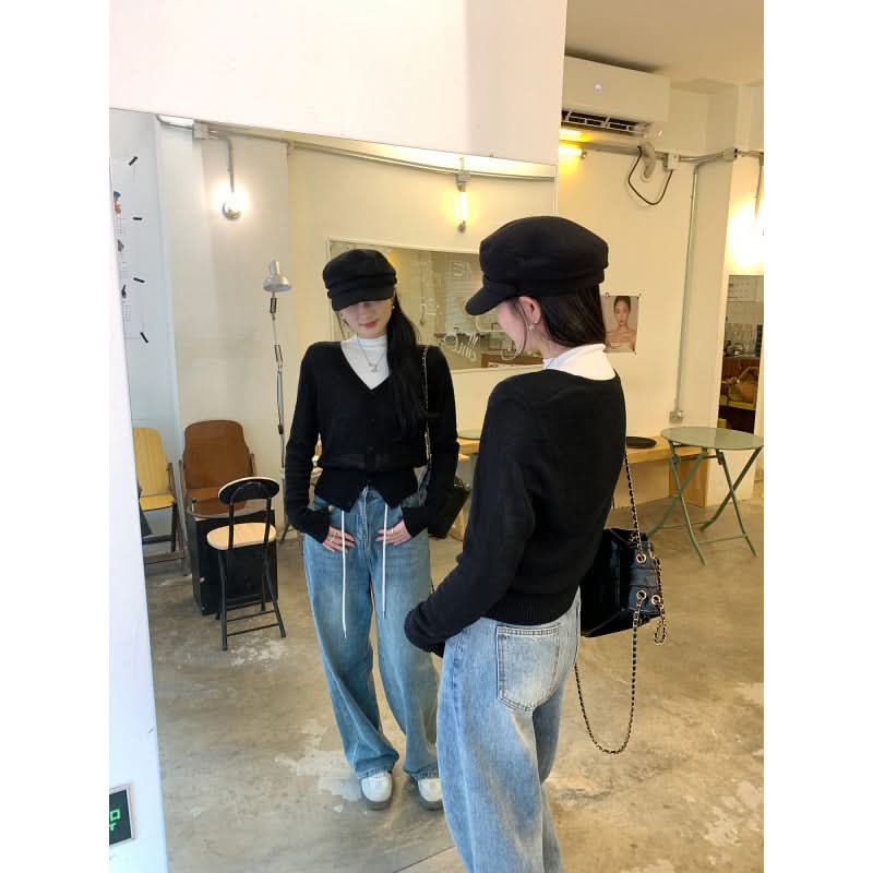 V-neck Slimming Batwing Sleeve Hollow Knit Cardigan Coat for Women