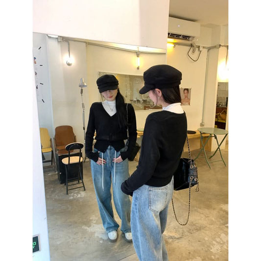 V-neck Slimming Batwing Sleeve Hollow Knit Cardigan Coat for Women