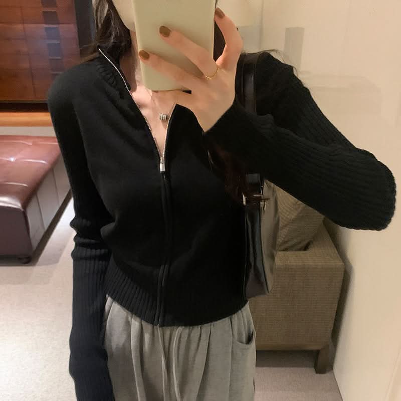 Simple High Neck Knit Cardigan Top for Women,Versatile, Slim Fit, Zipper Sweater Coat