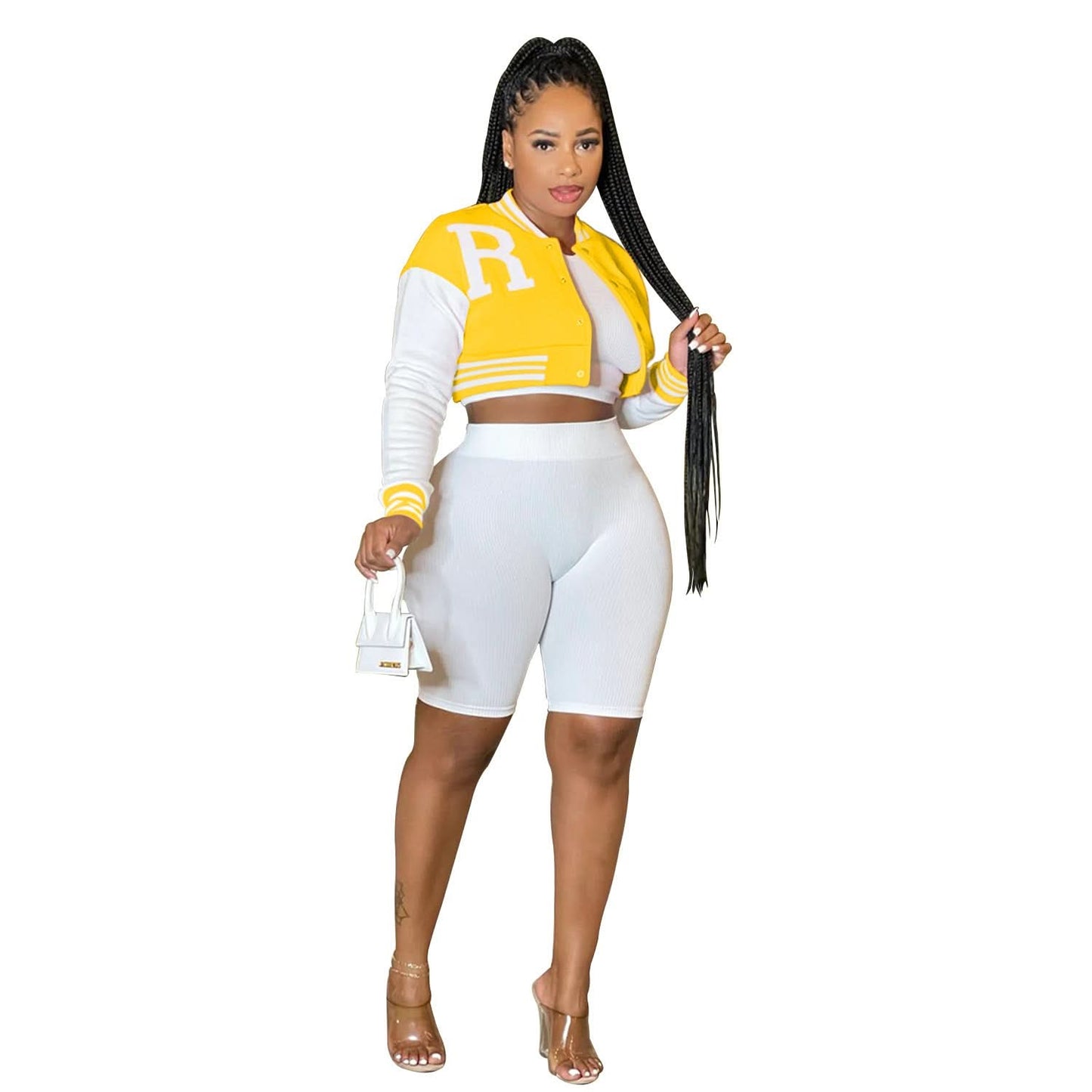 Fashion Women's Long Sleeve Crop Top with Inner Shorts 3-Piece Set