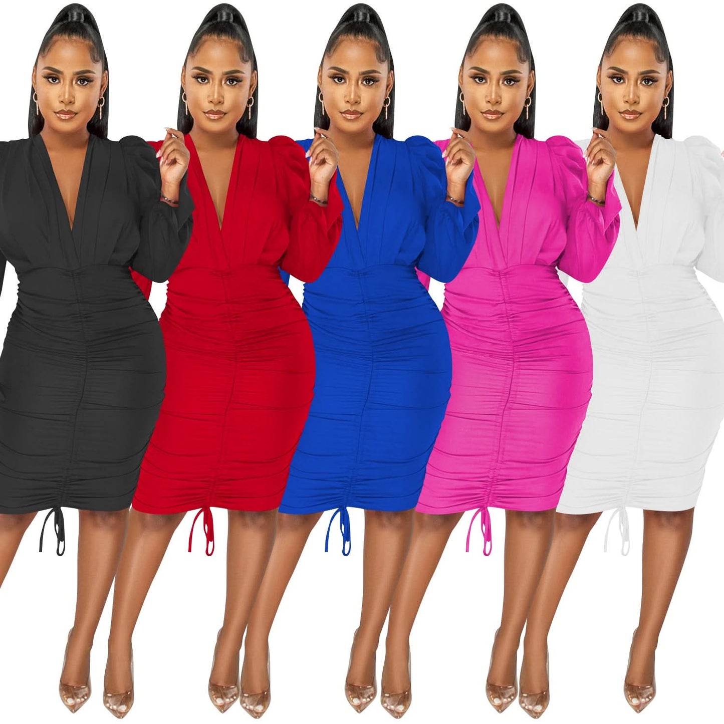 Fashionable Casual Solid Color Long Sleeve Pleated V-Neck Dress for Women