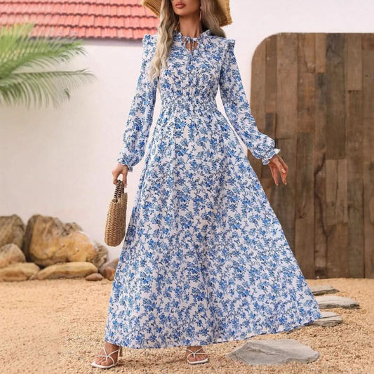 Elegantes Damen-Maxikleid mit Gürtel, langen Ärmeln und Blumendruck, modisch, lässig