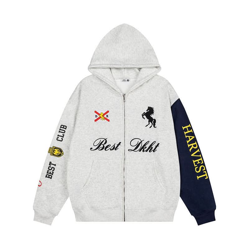 Color-block Embroidery Hoodie Loose Open Front Sweatshirt Casual Couple Fashion Coat