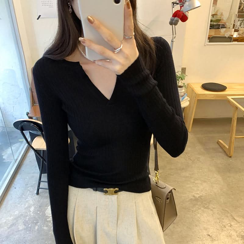 Sexy Wool V-Neck Slim Fit Knit Innerwear Top for Women