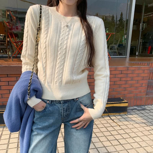Cable Knit Crewneck Sweater Long Sleeve Inner Layer Knitwear for Women Unique Single Wear Top
