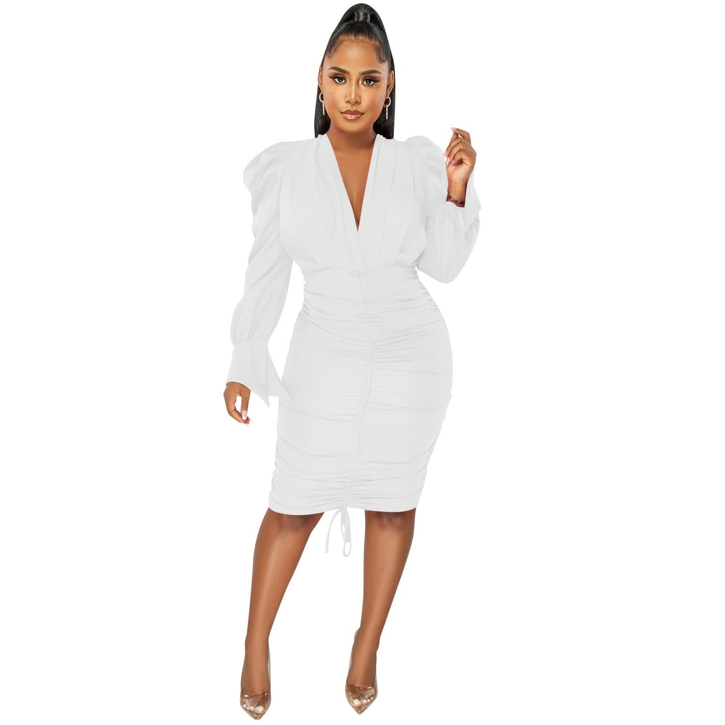 Fashionable Casual Solid Color Long Sleeve Pleated V-Neck Dress for Women