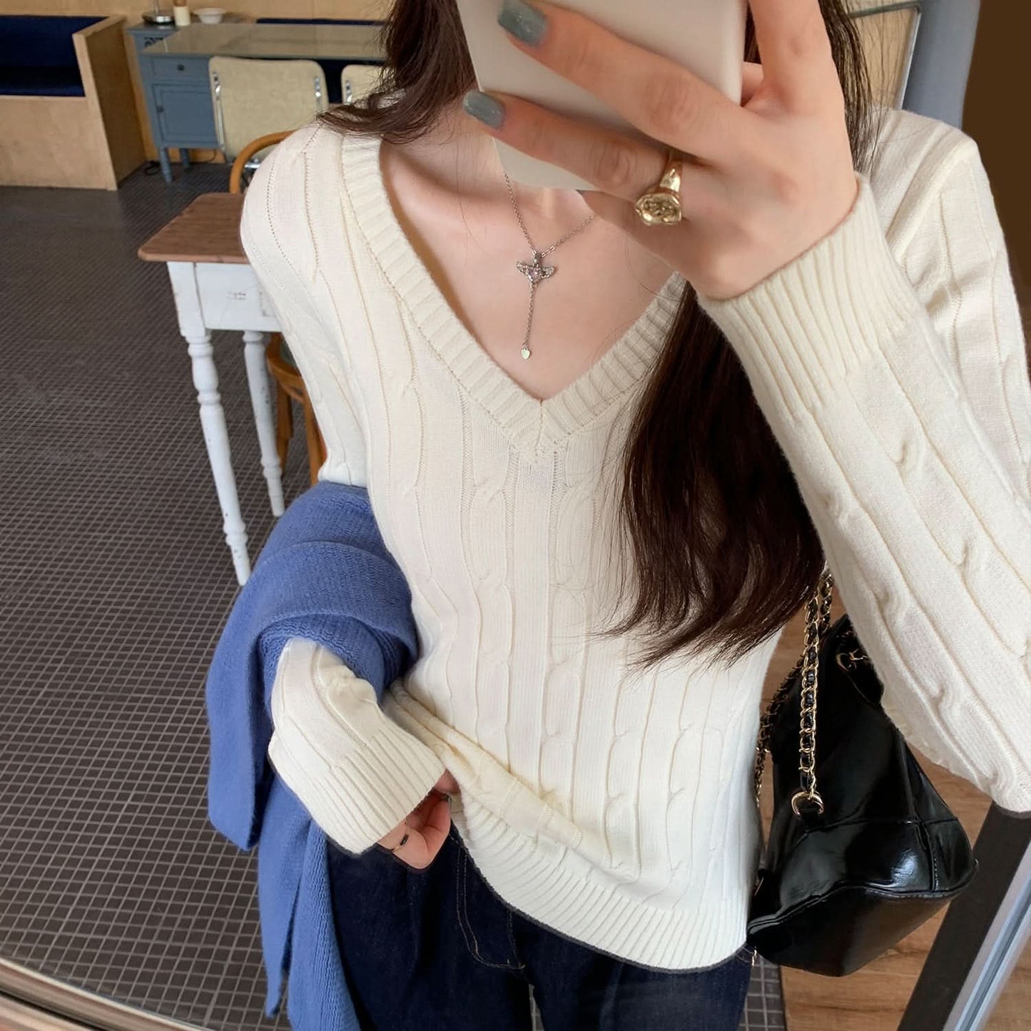 Solid Color Cable Knit V-Neck Long Sleeve Inner Layer Sweater Top for Women